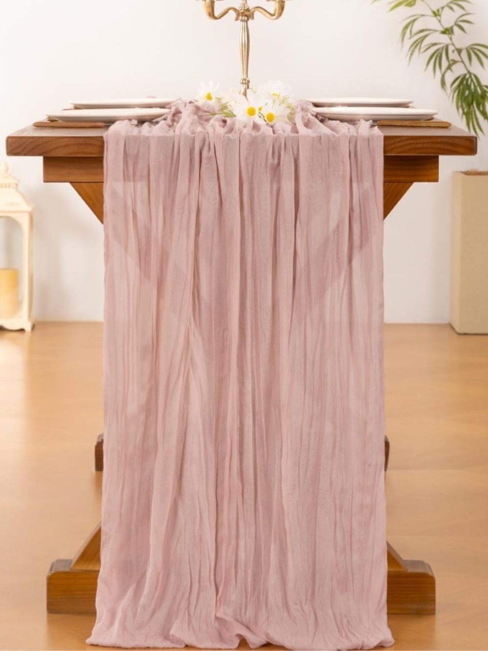 Light Blush Crinkle Cheesecloth Table Runner New - Picture 4 of 5